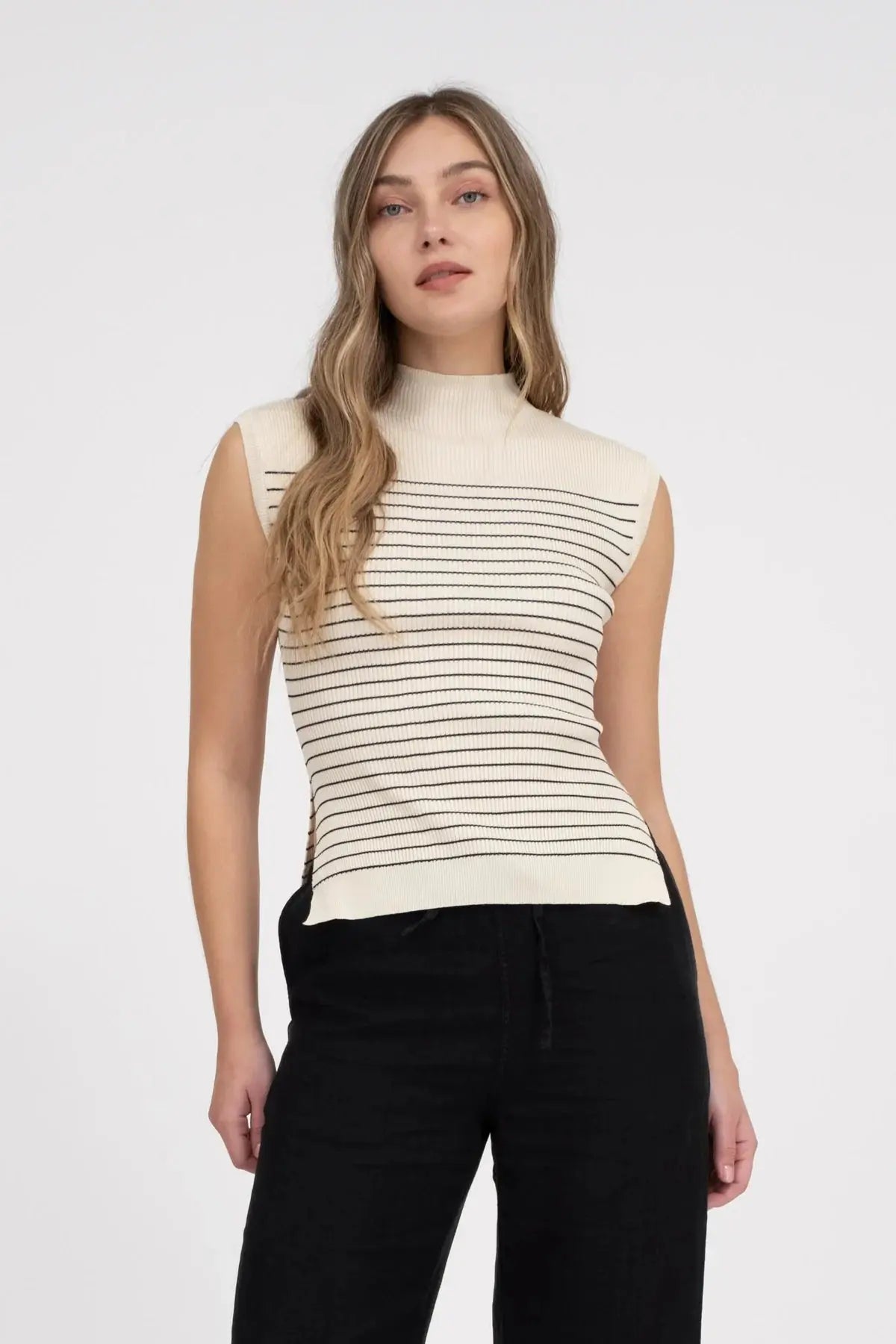 Blu Pepper Tiffani Mocneck Tank – Sleek Stripes & Sophisticated Comfort  OATMEAL-XL  BLU PEPPER