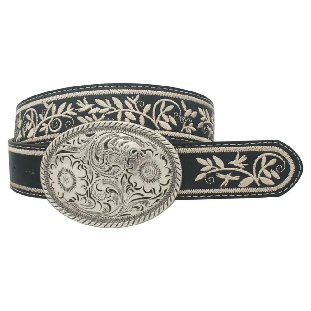 Joia Accessories Dakota Floral Embroidered Oval Buckle Belt – Western Style w/Floral Engraving    JOIA TRADING CO.