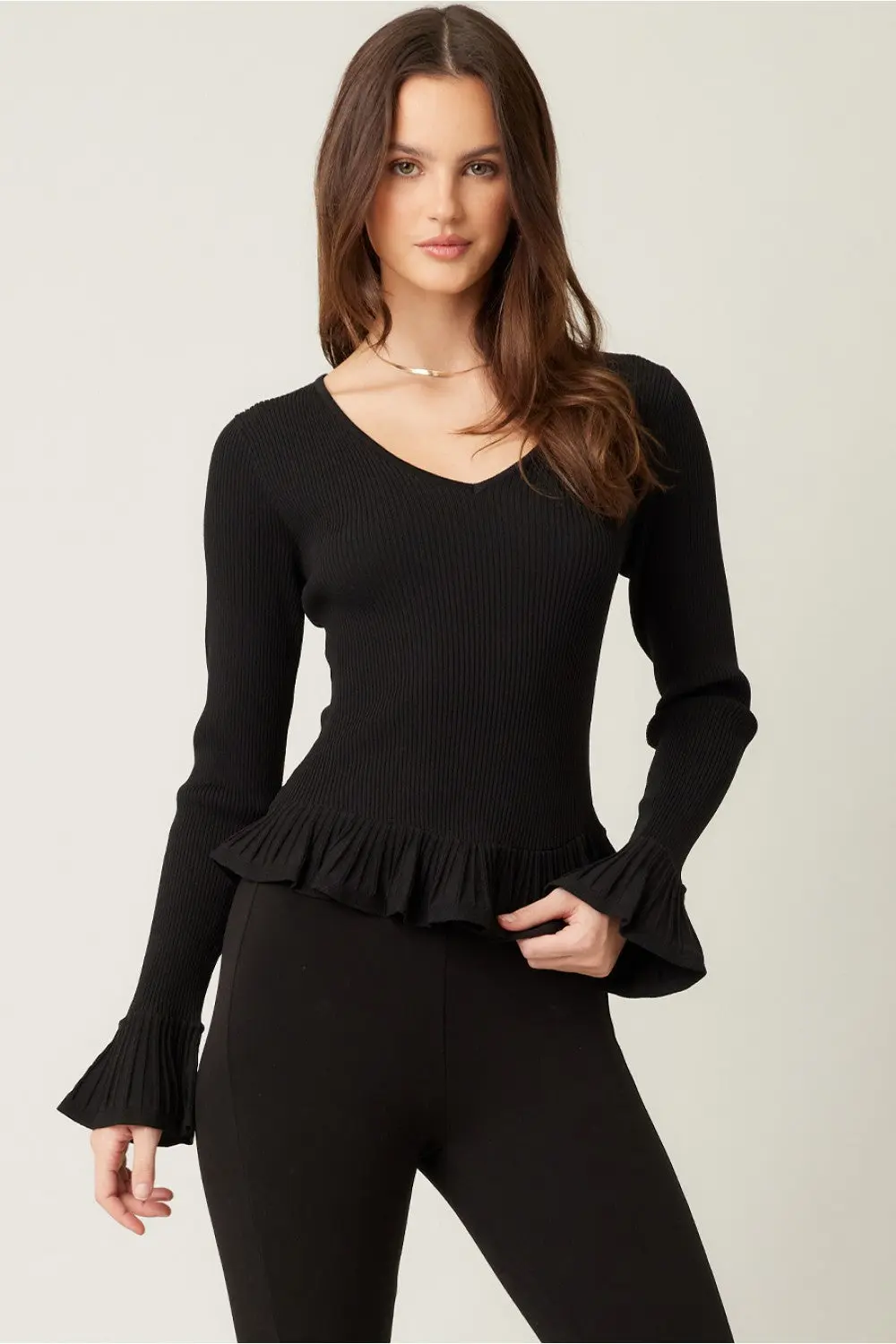 lla Illa Midnight Muse Top – Elegant Knit with Ruffled Hem    ILLA ILLA