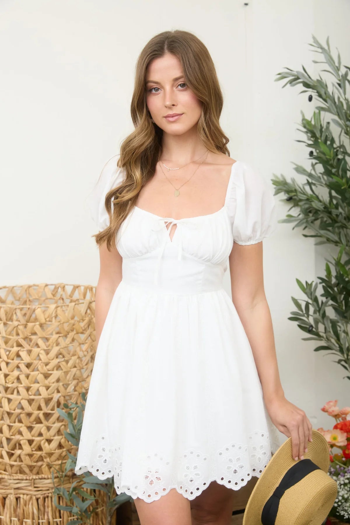 Sunshine Sweetie Dress by Blu Pepper – Puff Sleeve Mini Summer Dress White / M