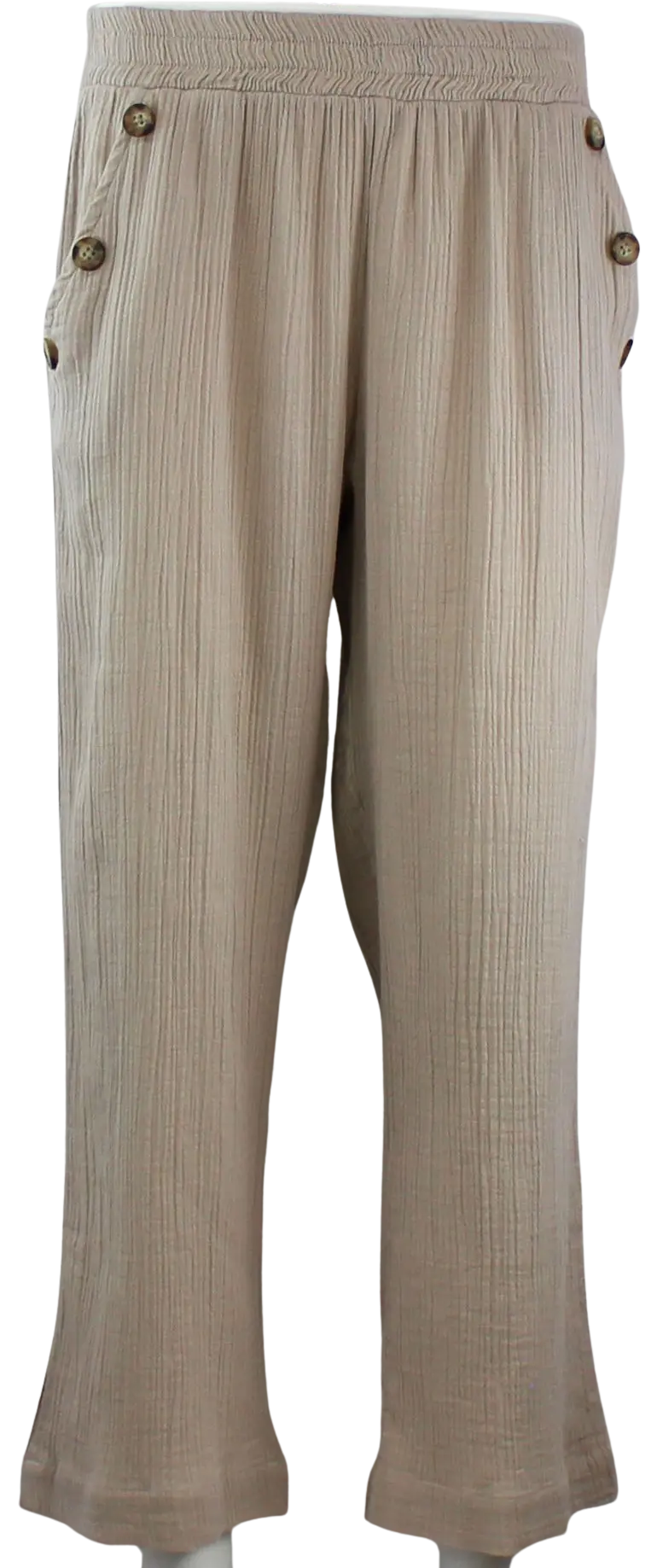 Keren Hart Flora Pants – Lightweight Cotton Crinkle Pants with Button Detail  KHAKI-L  KEREN HART