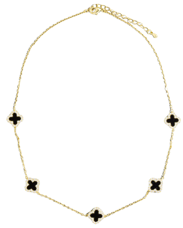 Fame Enchanted Clover Necklace – CZ Clover Station Chain  GOLD/BLACK  FAME ACCESSORIES