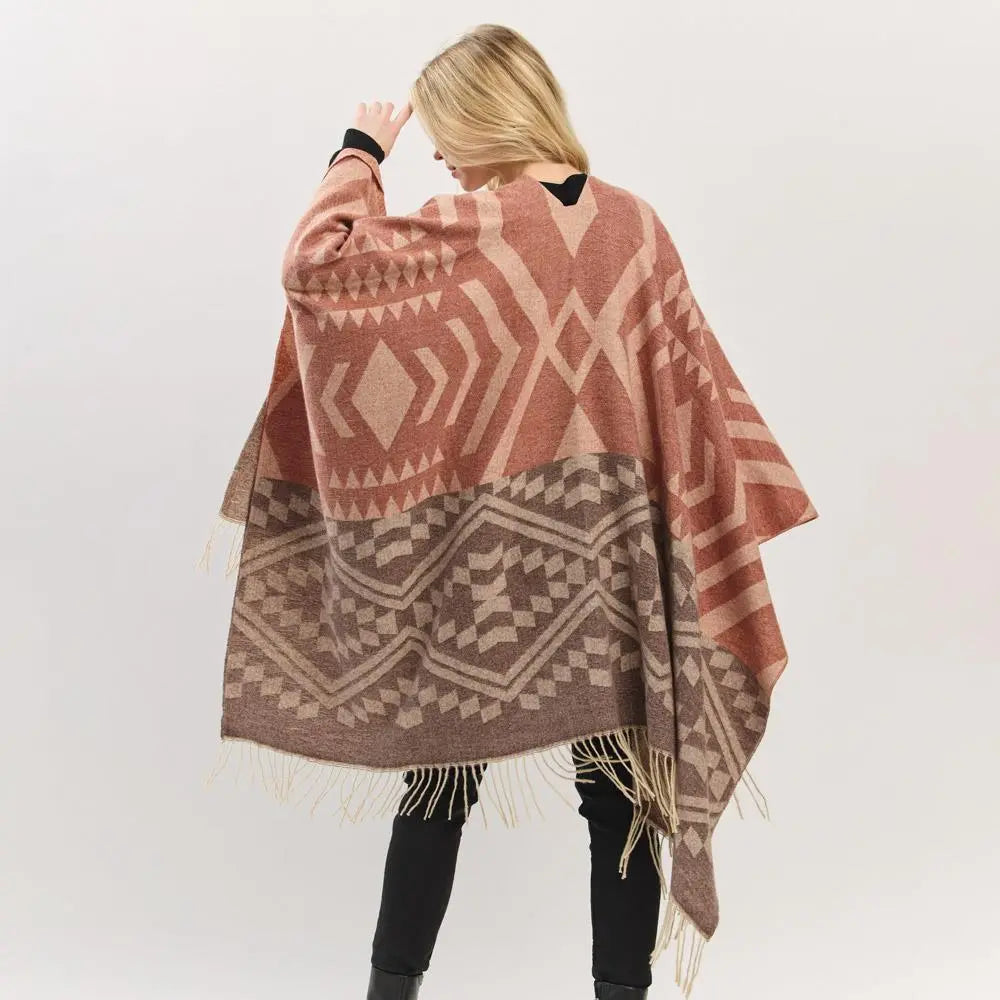 Joia Accessories Lucy Aztec Pattern Fringe Shaw Sweater – Boho Chic & Cozy    JOIA TRADING CO.