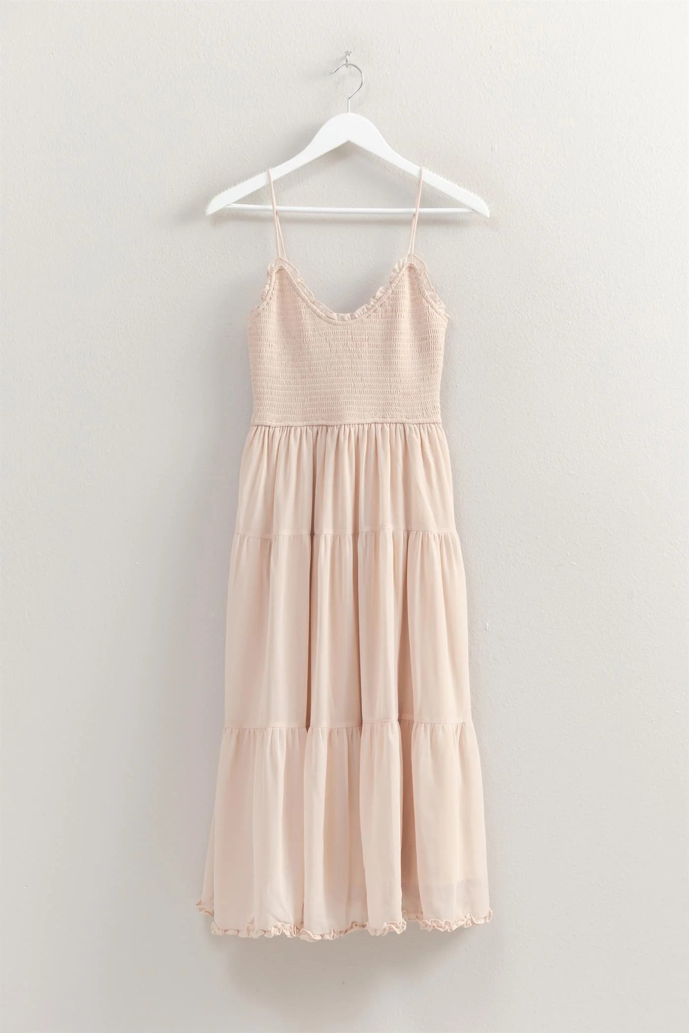 Hyfive Inc. Champagne Toast Dress – Tiered Chiffon Midi with Smocked Bodice  CHAMPAGNE-L  HYFIVE INC