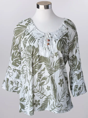 Keren Hart Palm Haven Blouse – Tropical Print Lace Trim Top