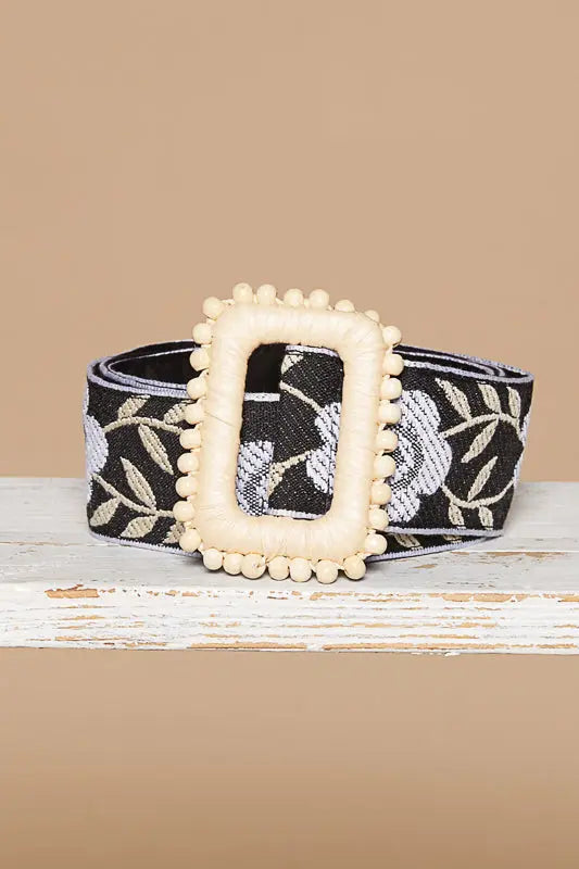 Pol Clothing Inc. Crissy Multi Belt  – Boho Woven Waist Belt with Floral Pattern and Statement Buckle  BLACK-WHITE-O-S  POL CLOTHING, INC