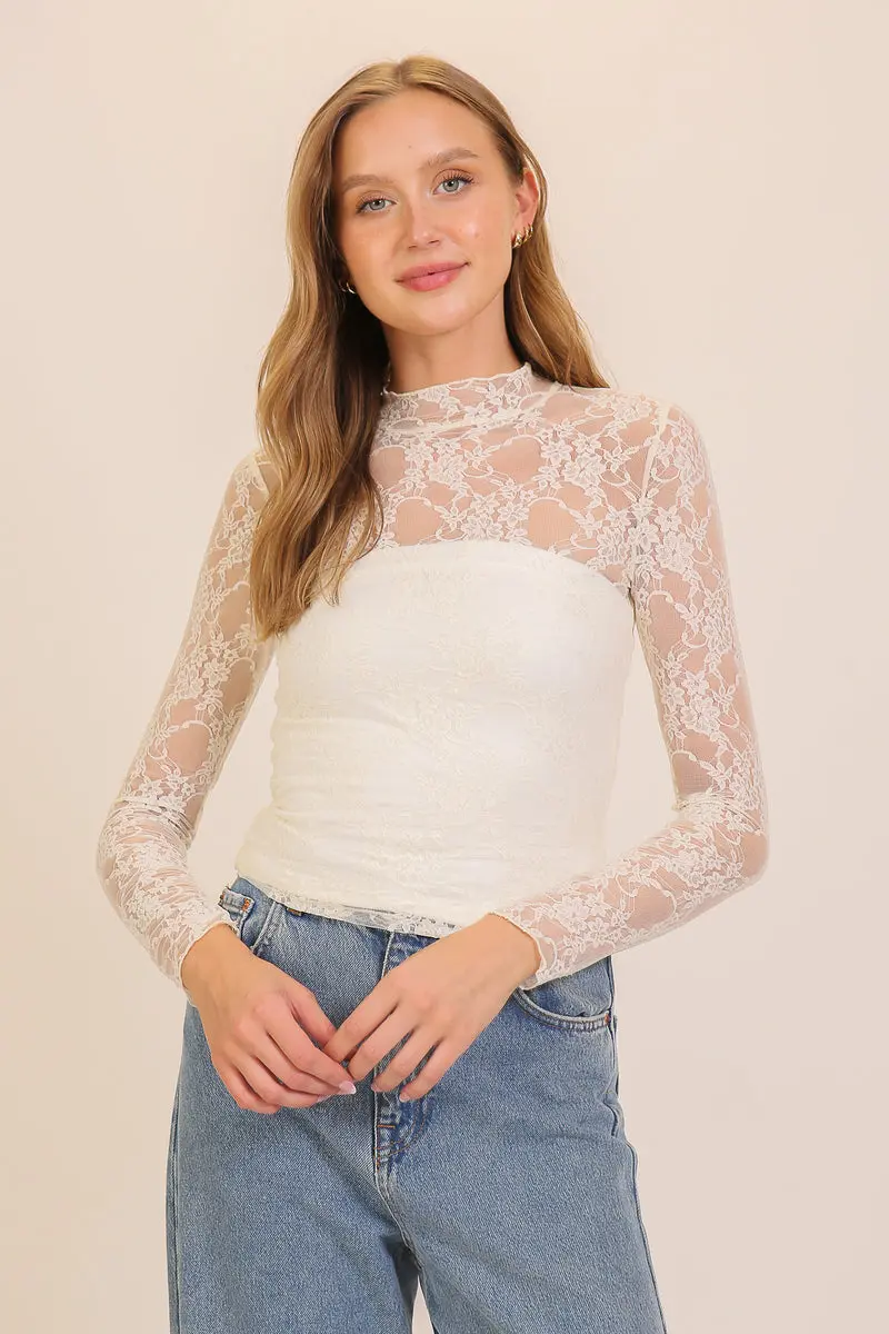 Timing Inc. Gardenveil Lace Top – Elegant Sheer Lace High-Neck Blouse  CREAM / L  TIMING INC