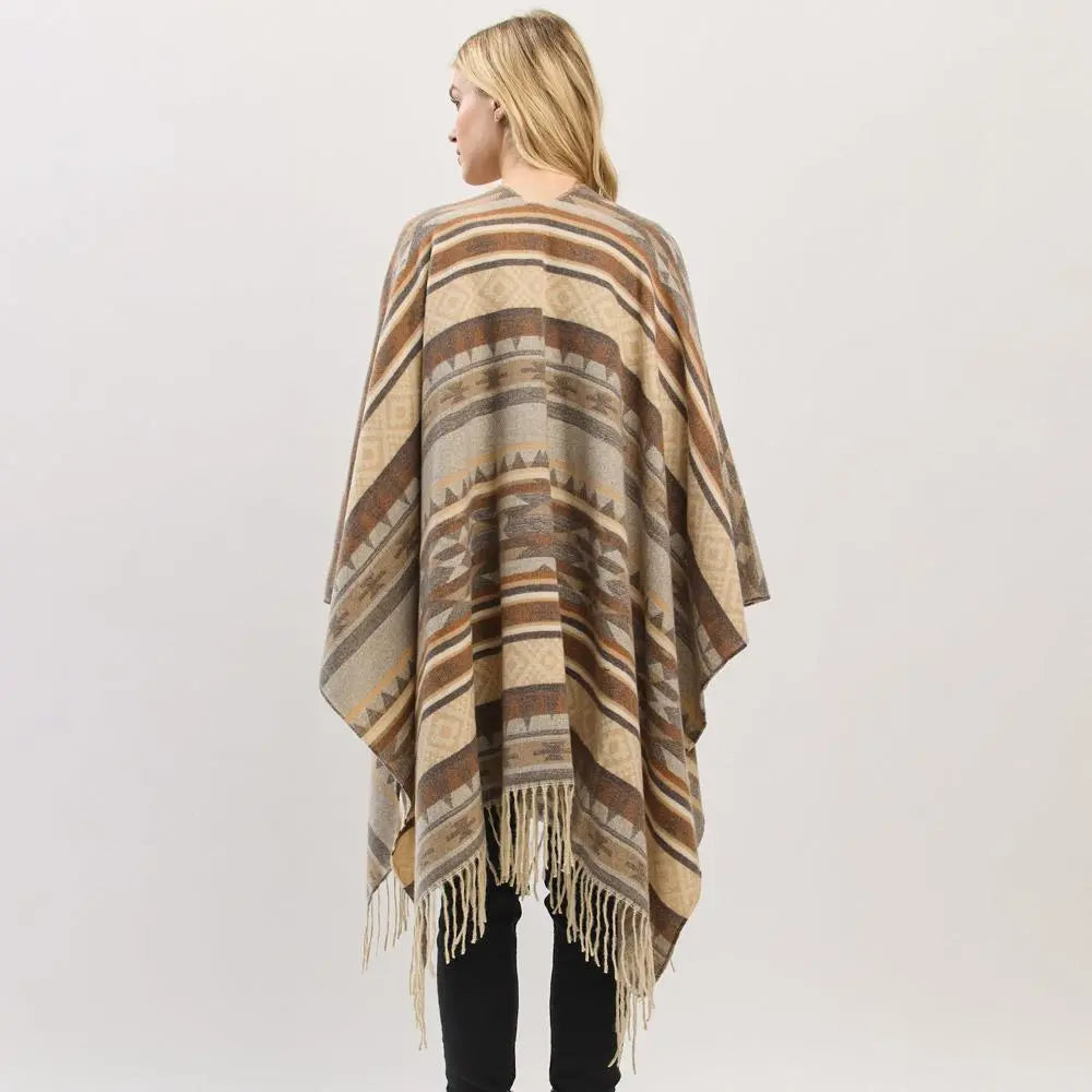 Joia Accessories Lucy Aztec Pattern Fringe Shaw Sweater – Boho Chic & Cozy    JOIA TRADING CO.