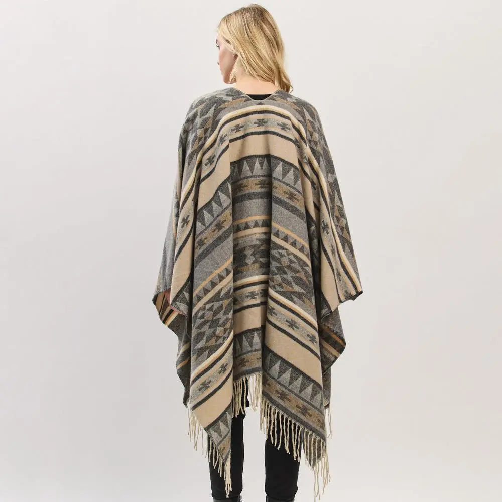 Joia Accessories Lucy Aztec Pattern Fringe Shaw Sweater – Boho Chic & Cozy    JOIA TRADING CO.