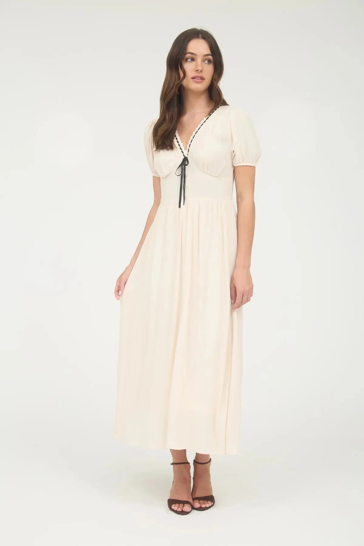 Blu Pepper Soft Girl Era Dress – Romantic Midi with Lace Detail  LIGHT KHAKI / L  BLU PEPPER