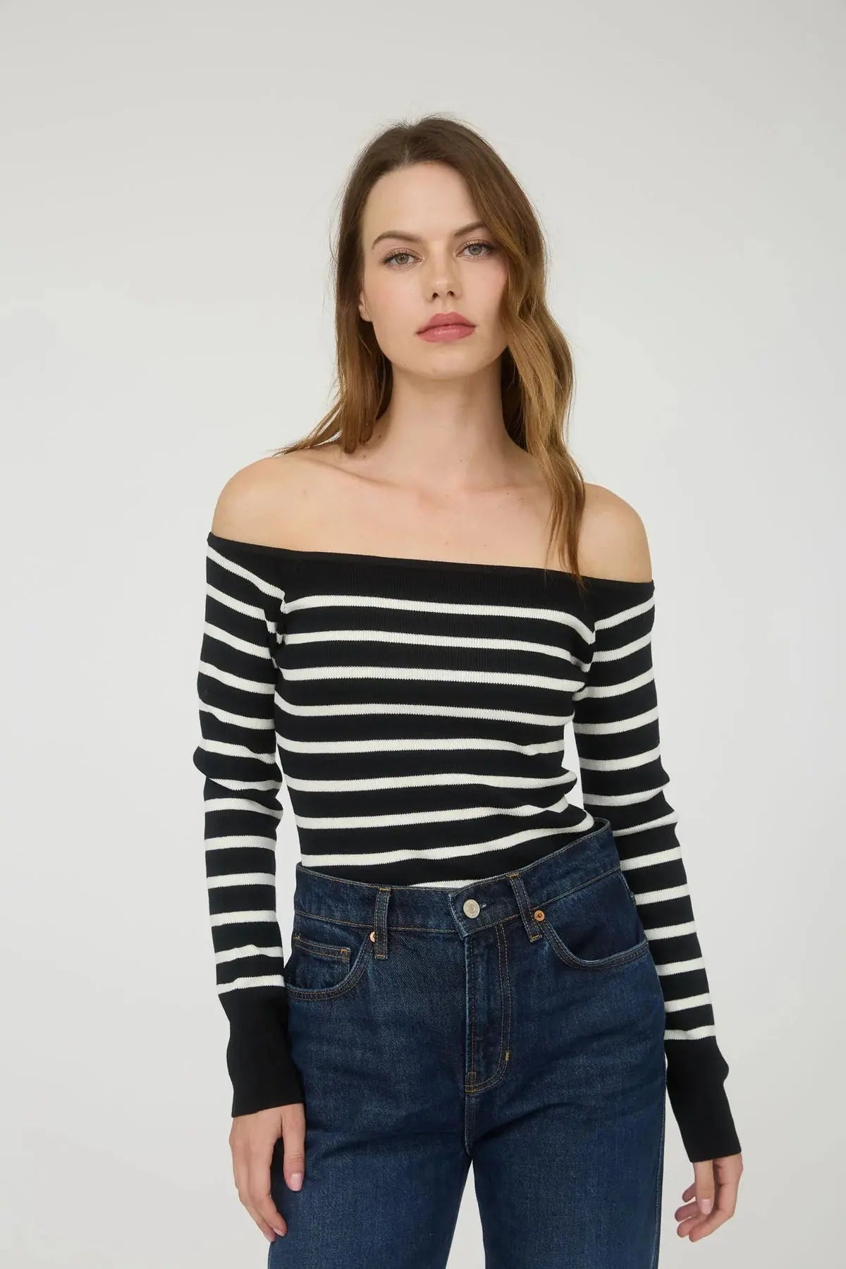 Blu Pepper Striped Cutie Top – Off-Shoulder Ribbed Knit Sweater    BLU PEPPER