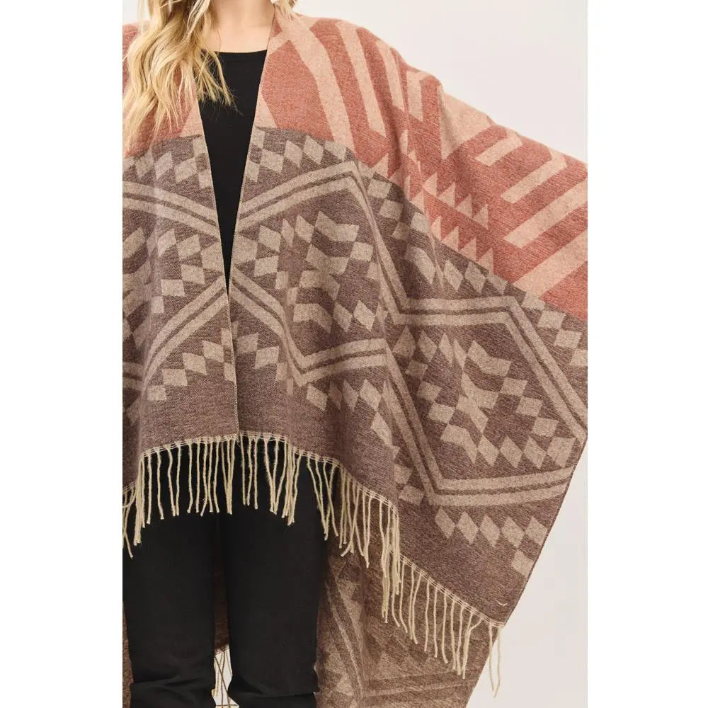 Joia Accessories Lucy Aztec Pattern Fringe Shaw Sweater – Boho Chic & Cozy    JOIA TRADING CO.