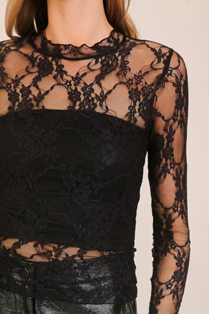 Timing Inc. Gardenveil Lace Top – Elegant Sheer Lace High-Neck Blouse    TIMING INC