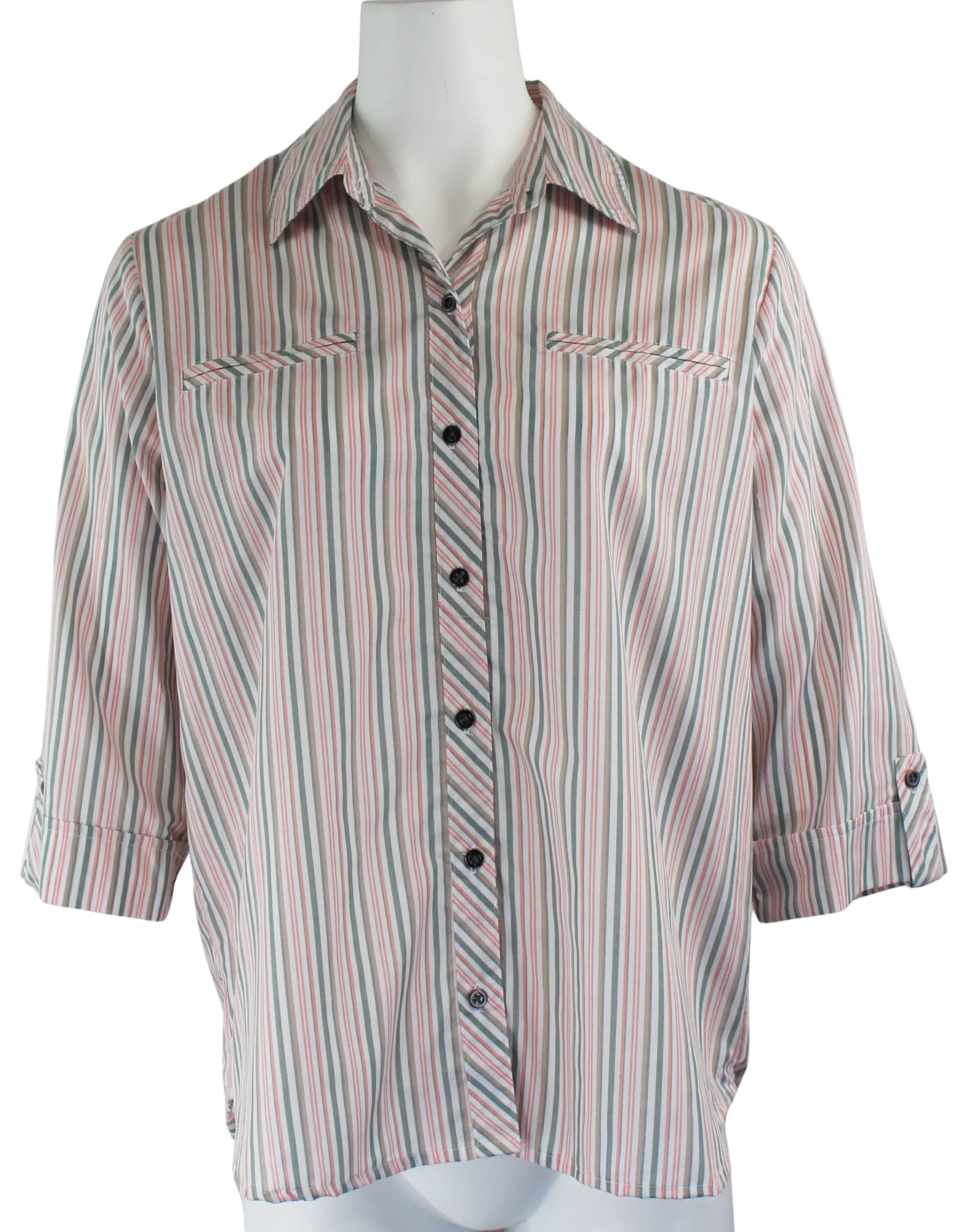 L. Hamrick Uptown 3/4 Blouse – Button-Down Striped Roll-Tab Sleeve Top  OLIVEGROVE / M  L HAMRICK