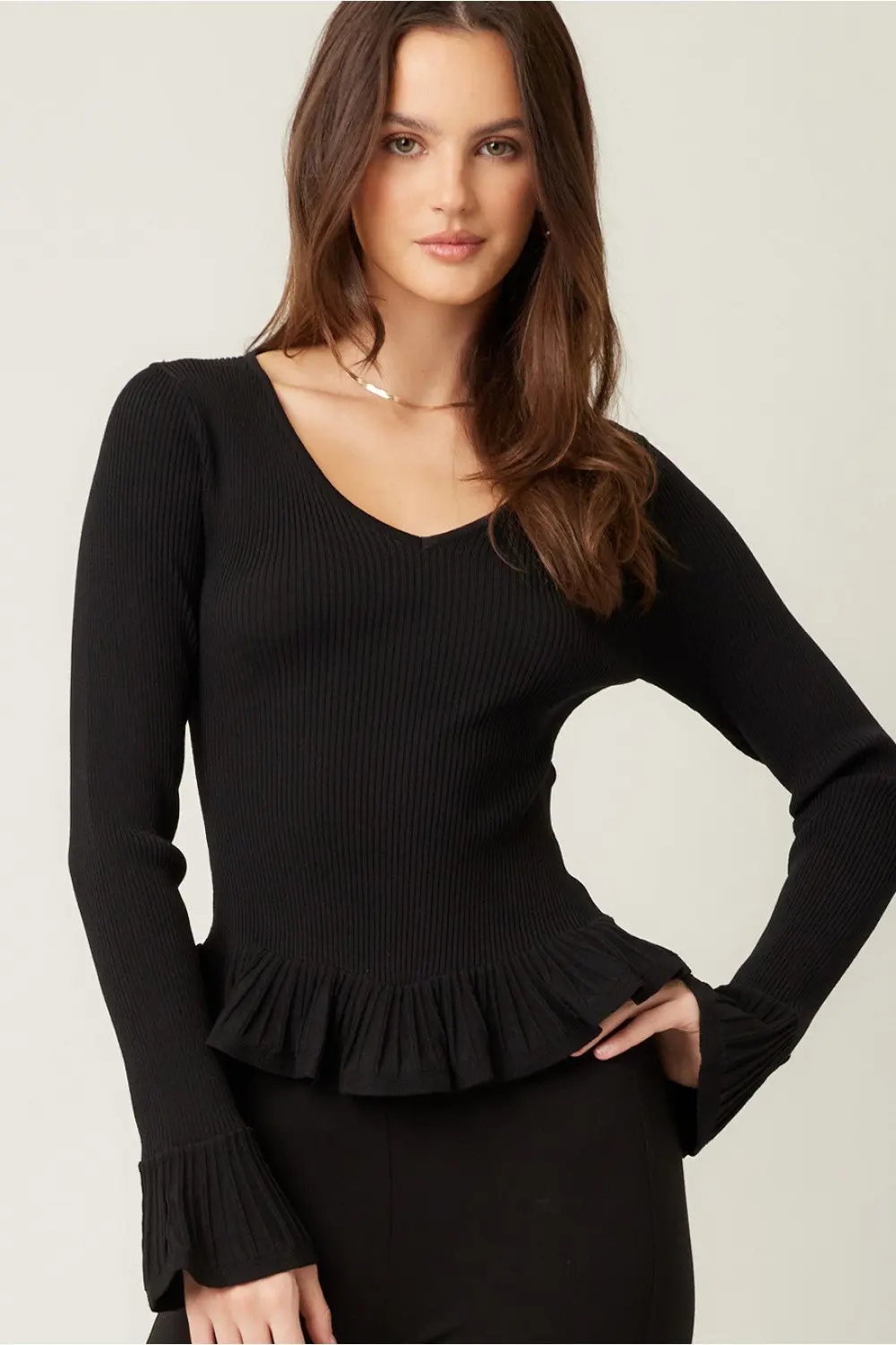 lla Illa Midnight Muse Top – Elegant Knit with Ruffled Hem    ILLA ILLA