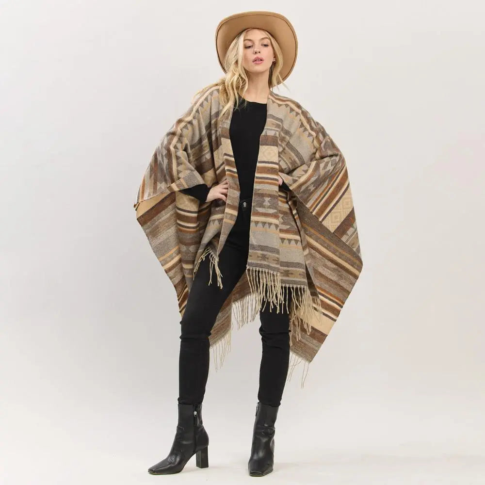 Joia Accessories Lucy Aztec Pattern Fringe Shaw Sweater – Boho Chic & Cozy    JOIA TRADING CO.