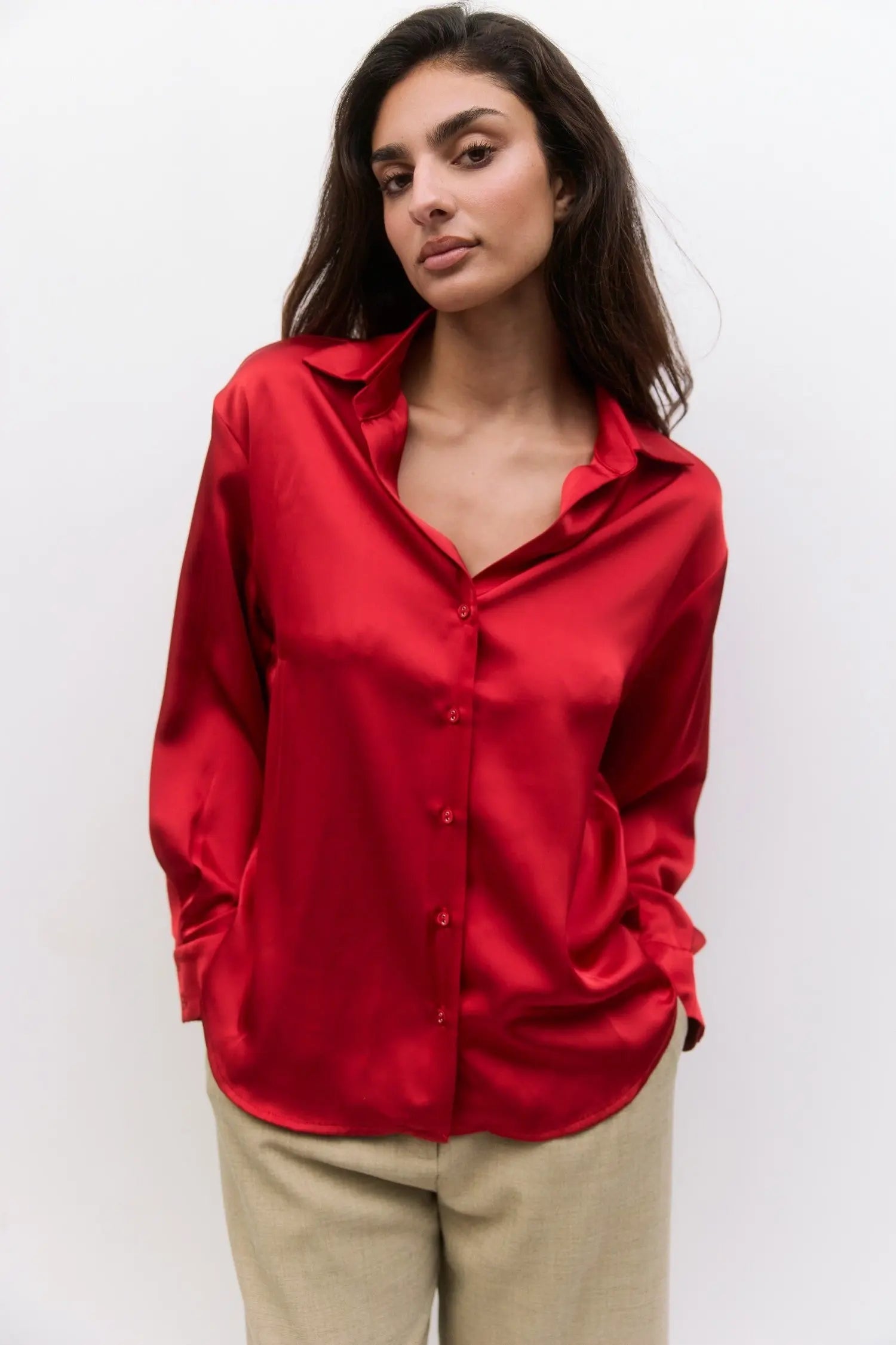 Mod Ref Irina Button Down Top – Satin Long Sleeve Blouse    MOD REF