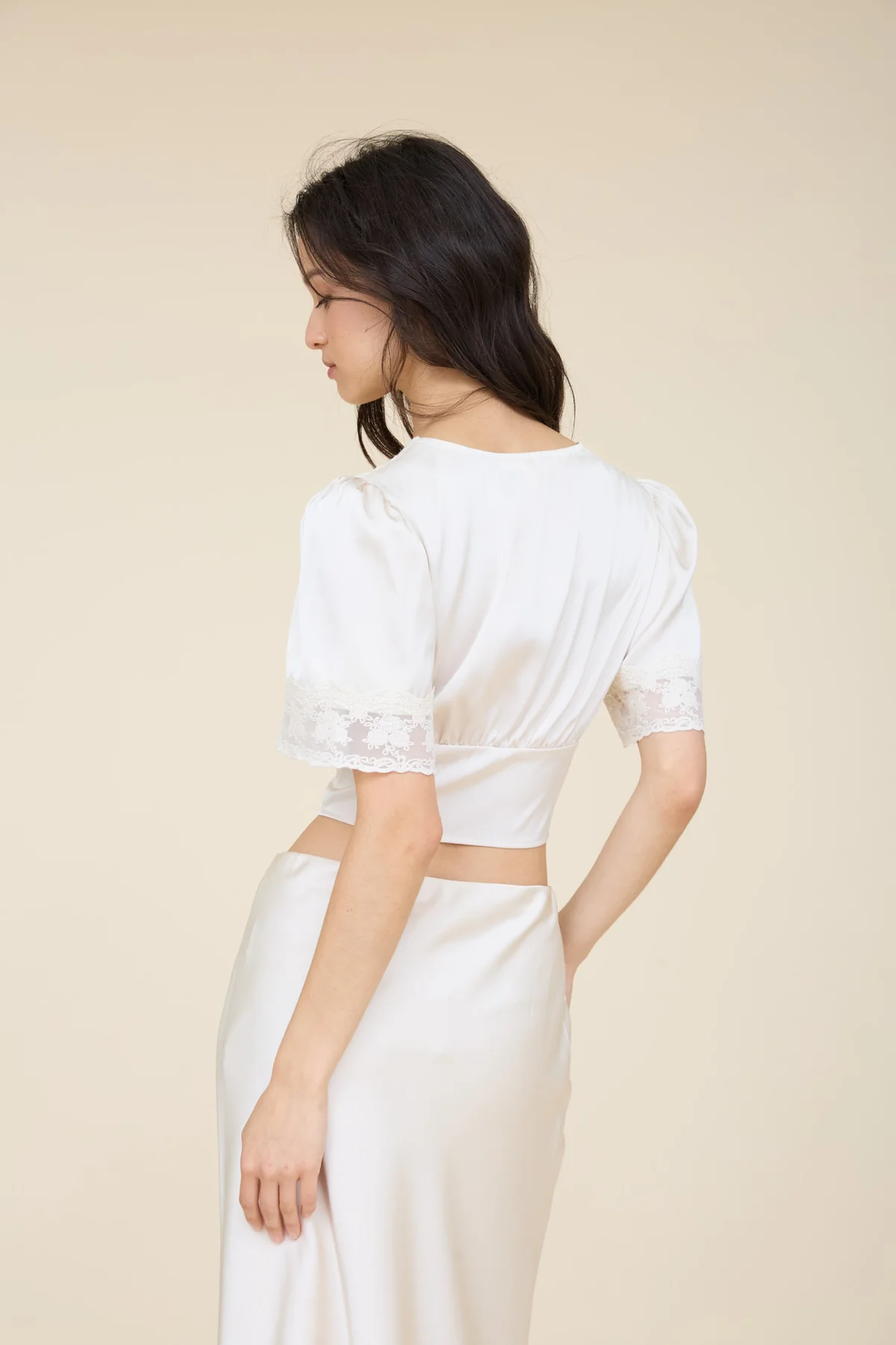 Blu Pepper Enchanted Evening Top – Romantic Satin Crop Top with Lace Trim
