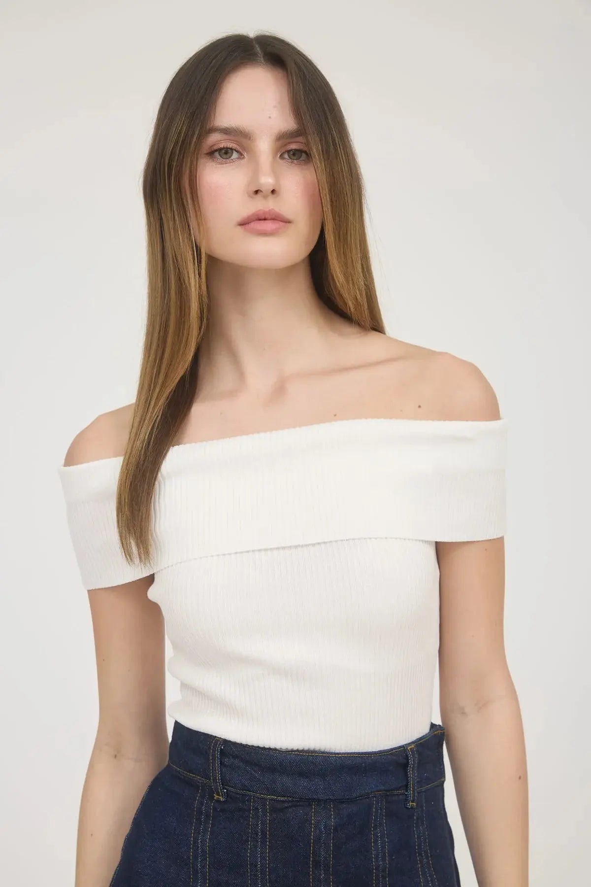 Blu Pepper Summer Brunch Top – Off-the-Shoulder Knit Style Top  WHITE-L  BLU PEPPER