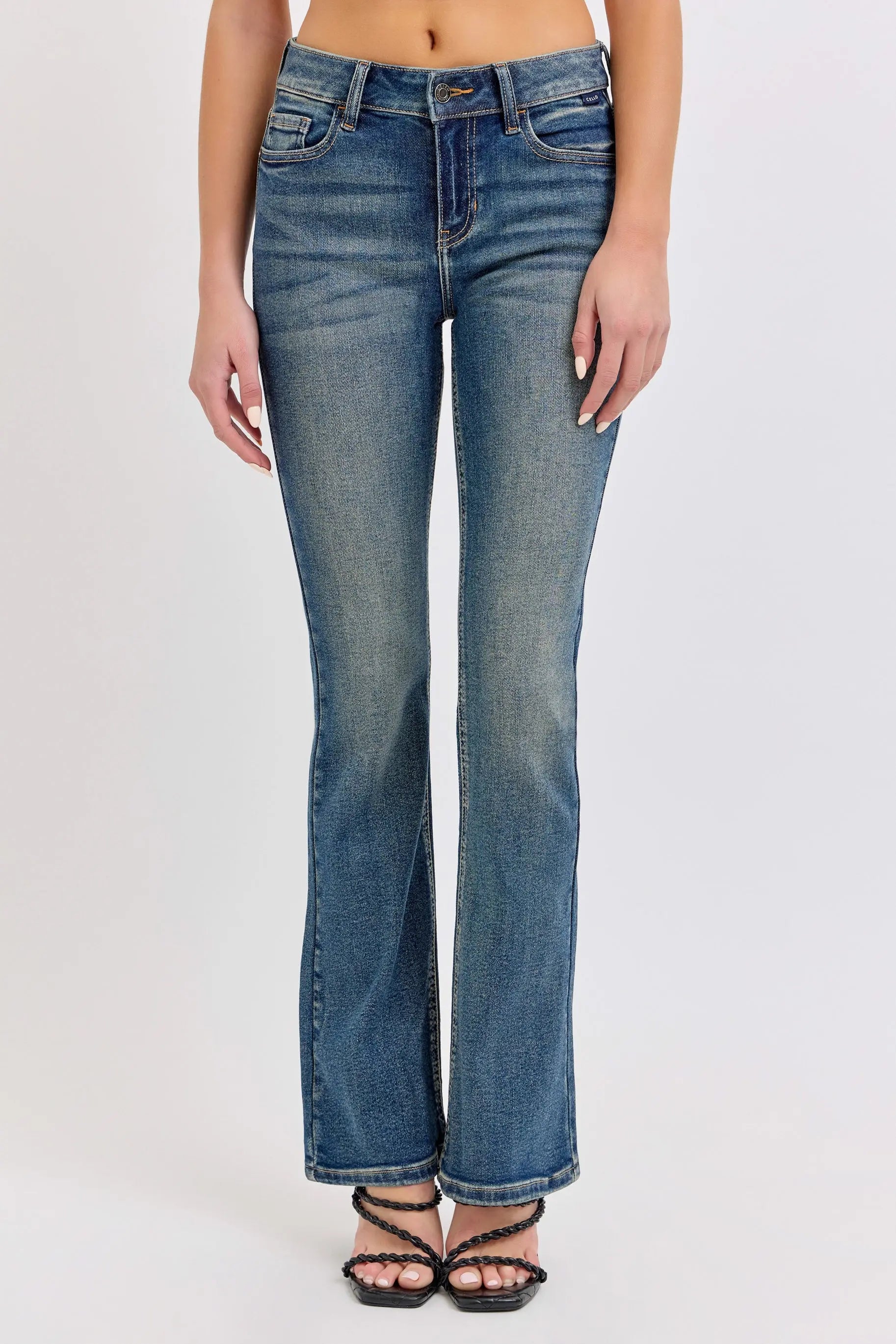Cello Jeans Mindy Mid Rise Bootcut Jeans – Flattering Dark Wash Denim with Distressed Details  DARK-TINT-13  WAT? JEANS & CELLO JEANS