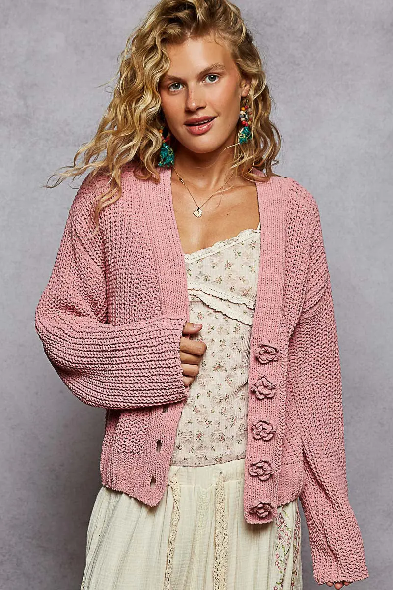 Pol Clothing Meadow Bloom Cardigan – Soft Chenille Knit with Exaggerated Buttons  ROSE PINK / L  POL CLOTHING, INC