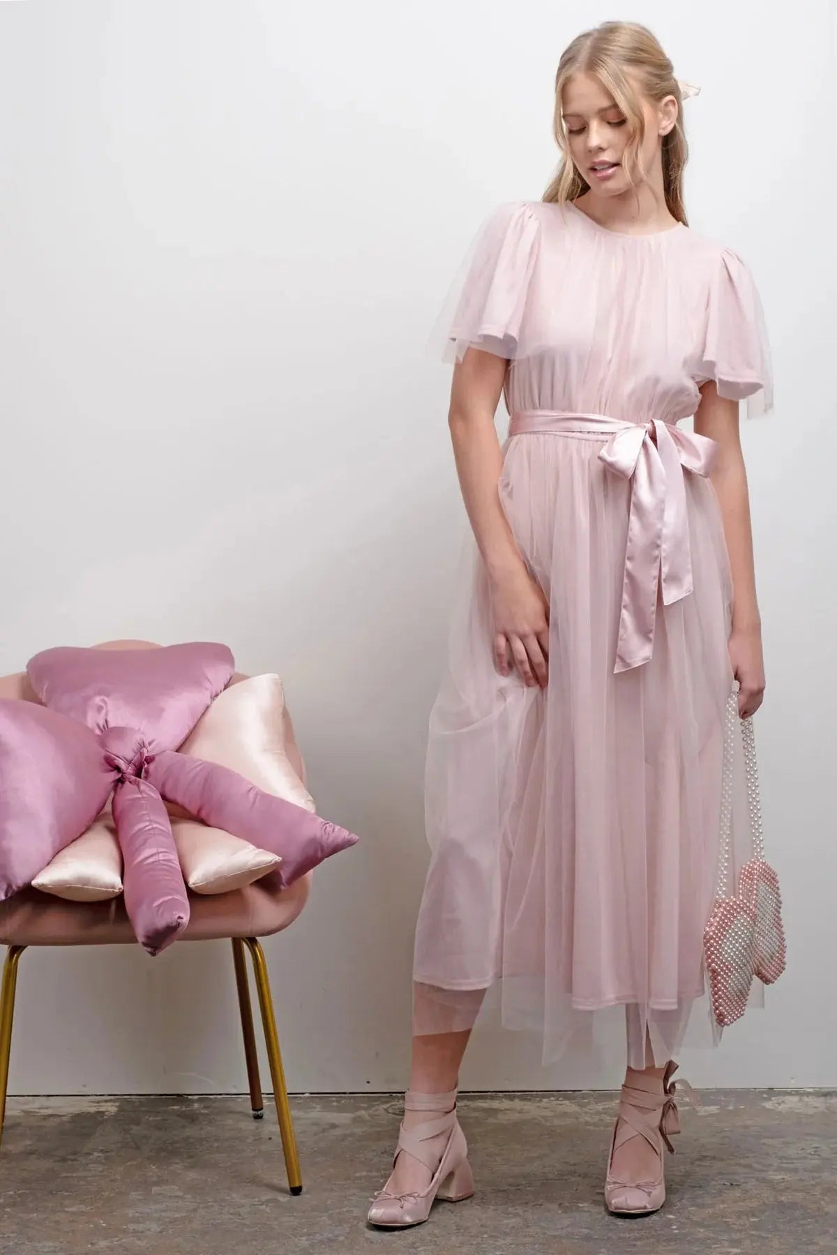 blu pepper pink dress BLU PEPPER SHIRRED BODICE MIDI DRESS PINK
