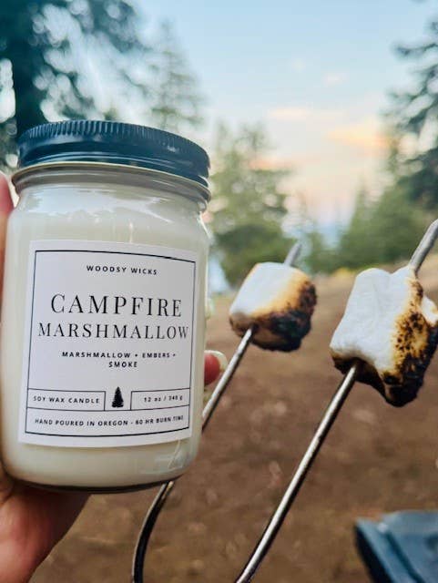 Campfire Marshmallow Candle - 100% Soy Wax - Nontoxic    Woodsy Wicks