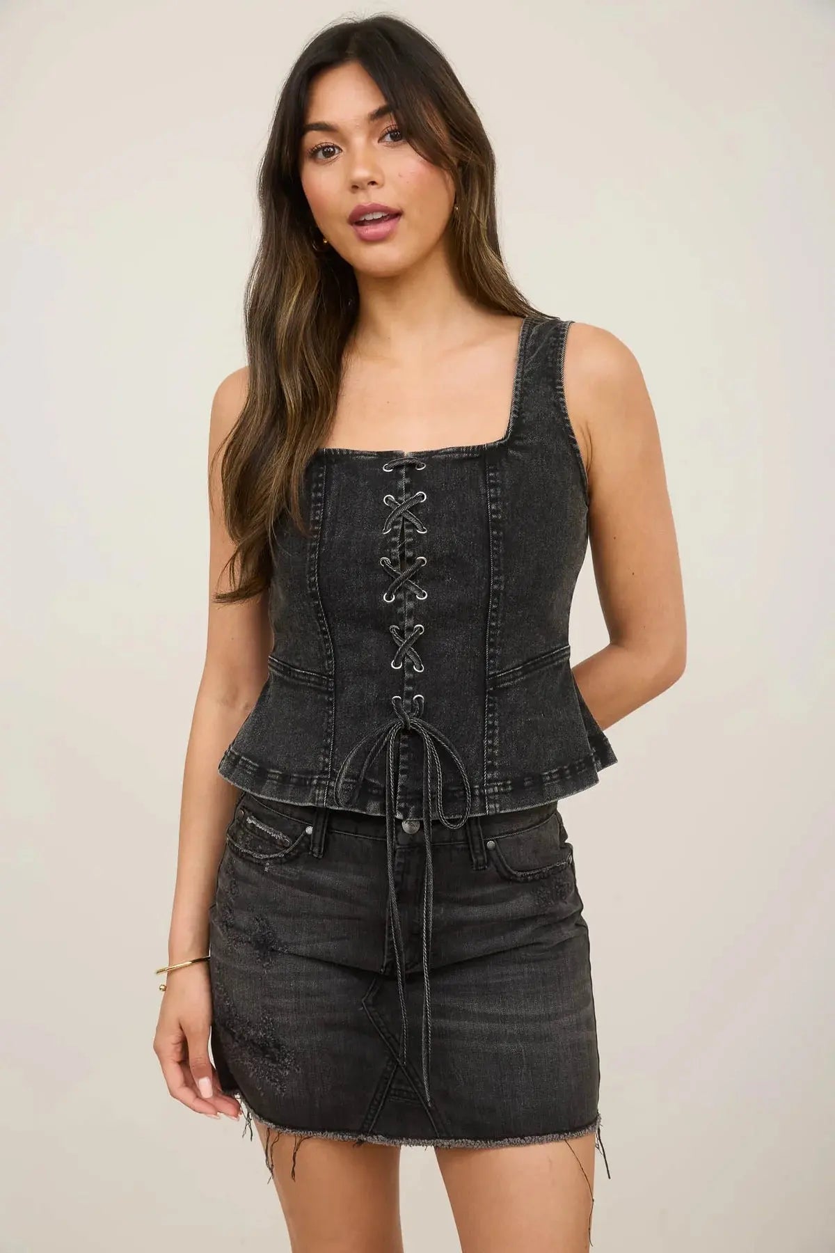 Blu Pepper Gina Denim Top – Lace Up, Square Neck, Ruffle Hem  BLACK / L  BLU PEPPER