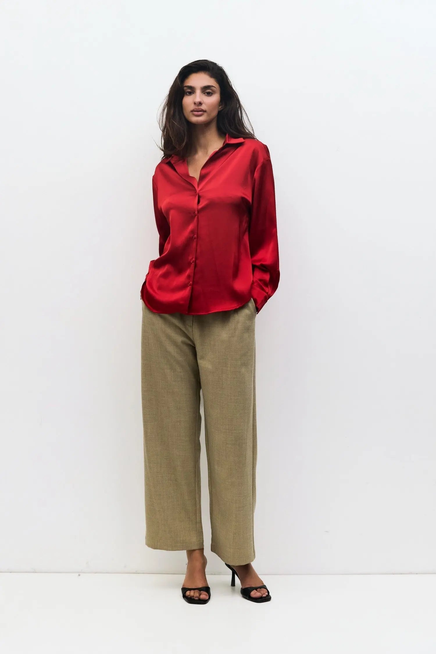 Mod Ref Irina Button Down Top – Satin Long Sleeve Blouse    MOD REF