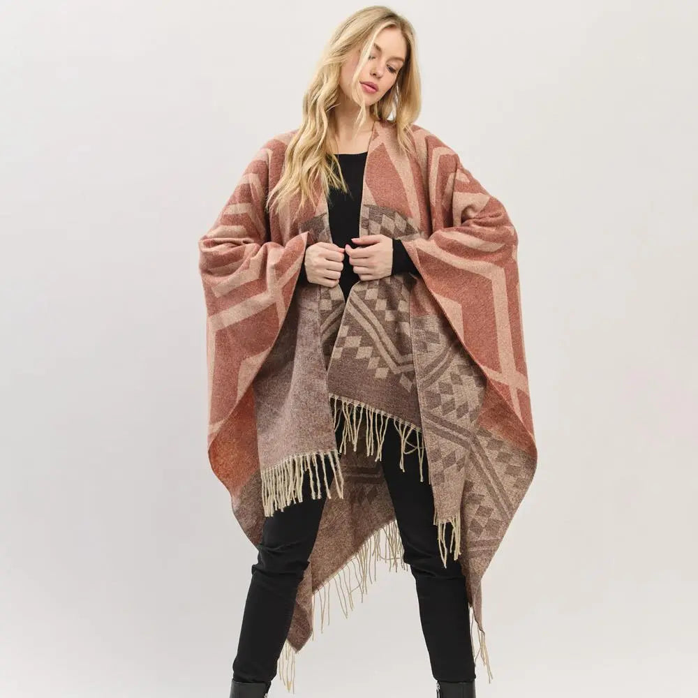 Joia Accessories Lucy Aztec Pattern Fringe Shaw Sweater – Boho Chic & Cozy    JOIA TRADING CO.