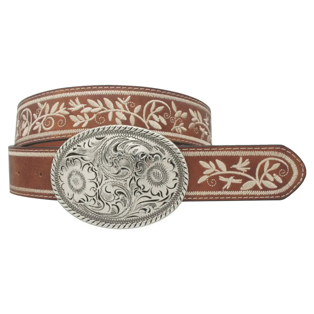 Joia Accessories Dakota Floral Embroidered Oval Buckle Belt – Western Style w/Floral Engraving    JOIA TRADING CO.