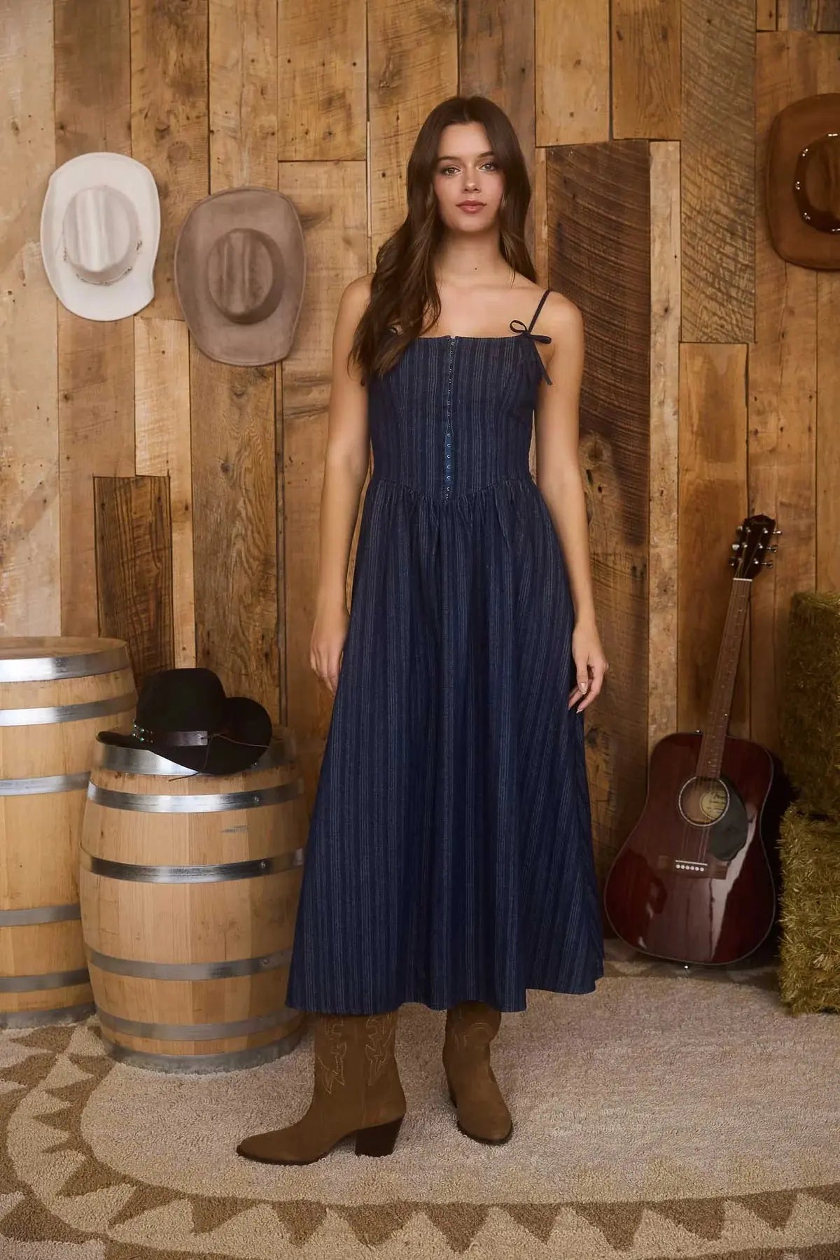 Blu Pepper Miley Denim Dress – Striped Midi with Bow Detail  DENIM / L  BLU PEPPER