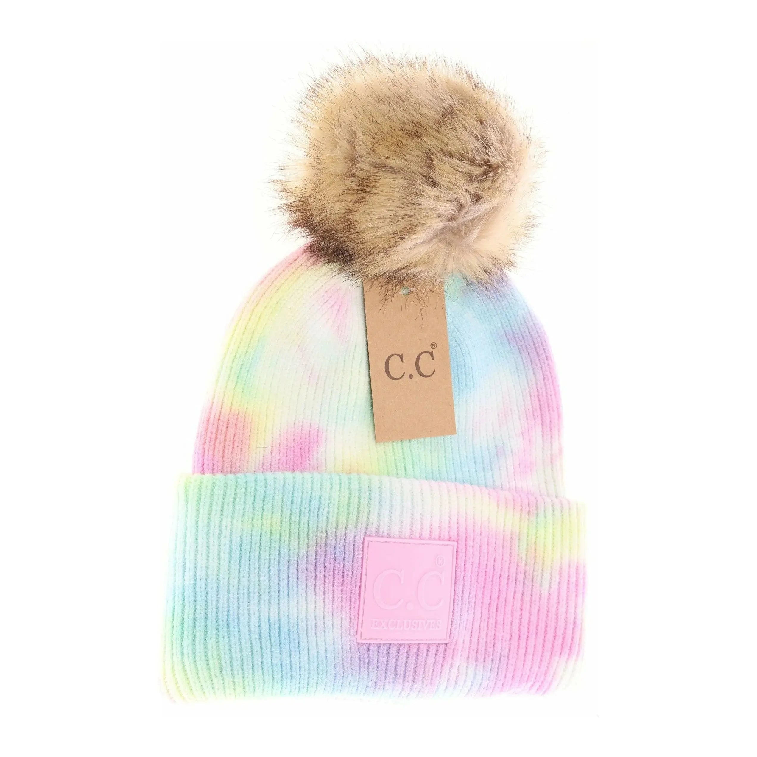 Tie Dye Fur Pom Beanie by C.C. – Colorful Knit Winter Hat