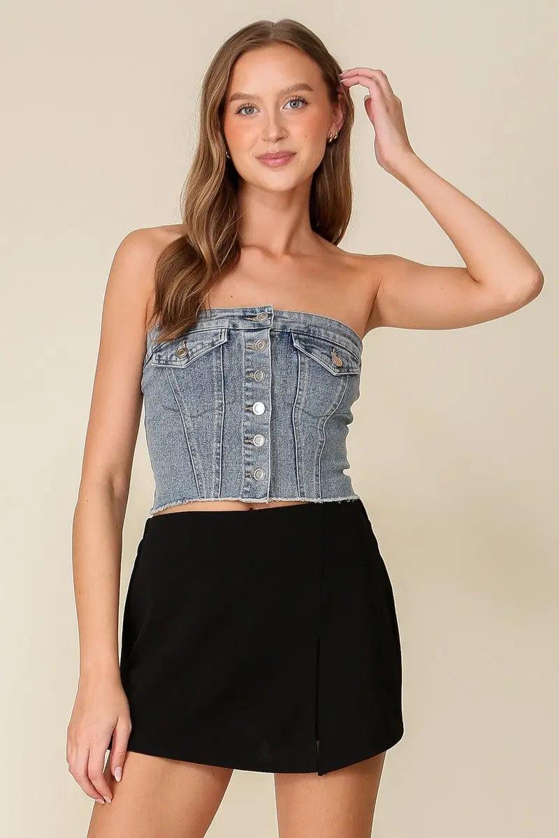 Timing Inc. Denim Darlin’ Corset – Strapless Button-Down Denim Bustier Top  MED-WASH-L  TIMING INC