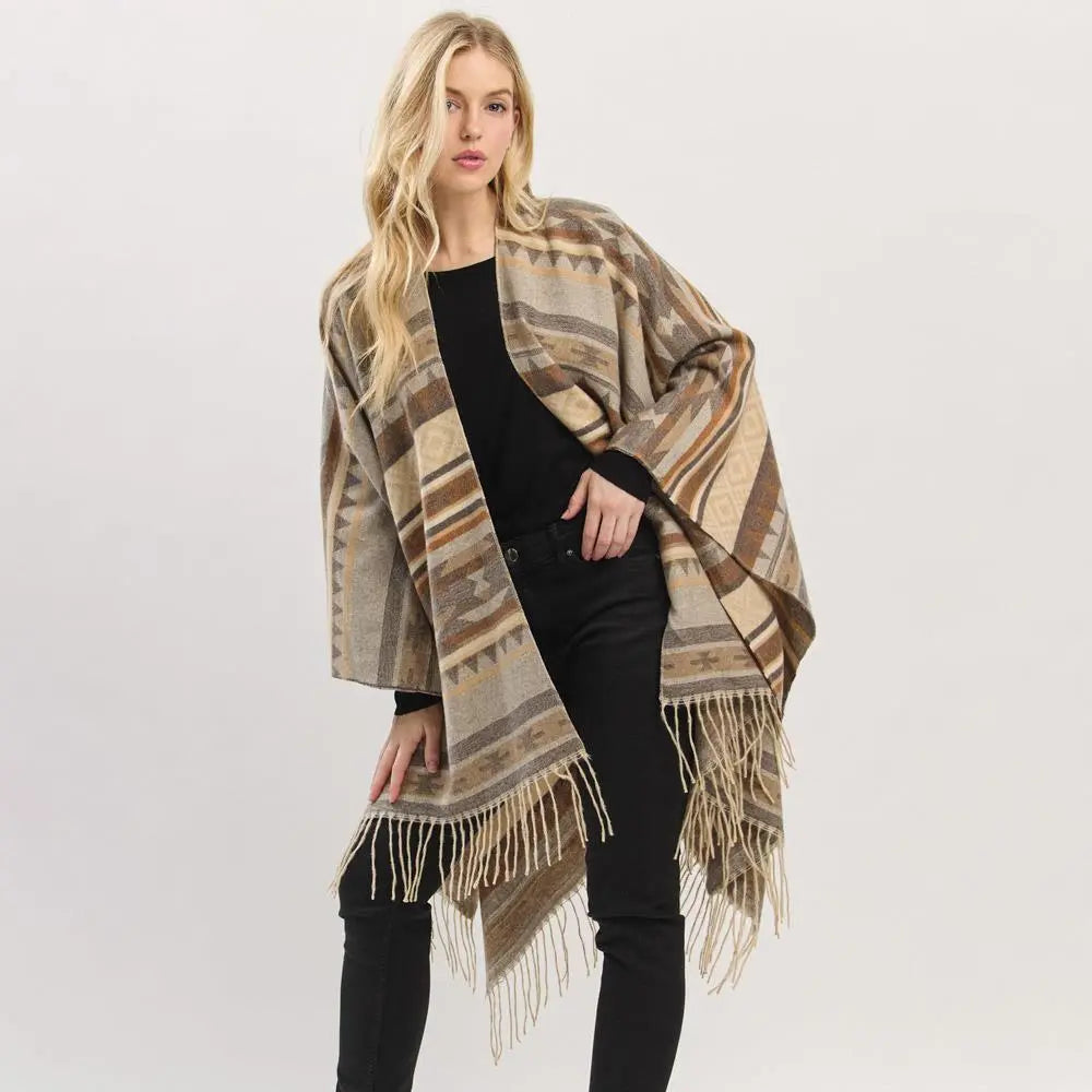 Joia Accessories Lucy Aztec Pattern Fringe Shaw Sweater – Boho Chic & Cozy  TAUPE / O/S  JOIA TRADING CO.