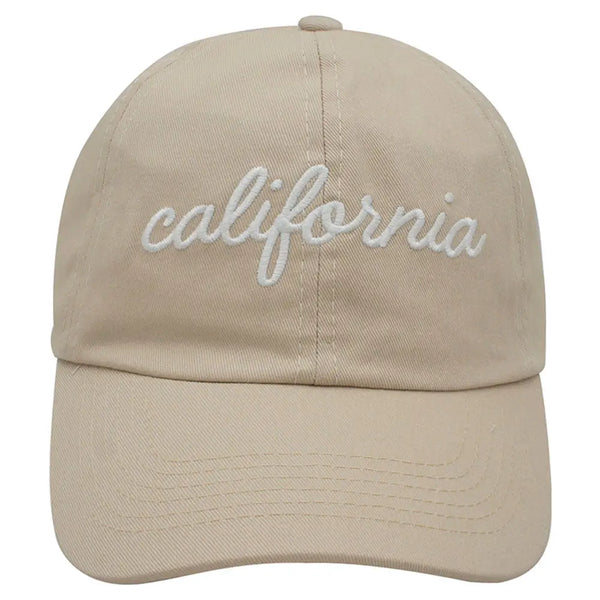 Joia Accessories California-Cursive Lettering Ballcap – Trendy West Coast Style  BEIGE-WHITE-LETTERING-EA  JOIA TRADING CO.