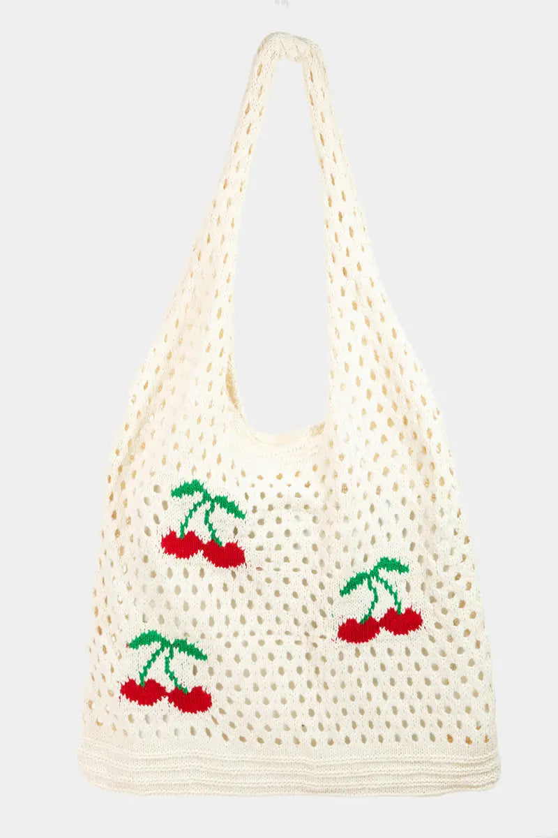 Fame Accessories Cherry Pickin' Tote Bag – Mesh Shoulder Bag with Cherry Print    FAME ACCESSORIES