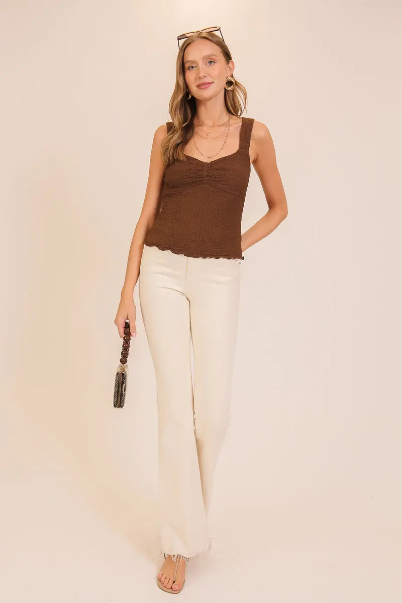 Timing Inc. Espresso Days Top – Smocked Tank with Sweetheart Neckline    TIMING INC