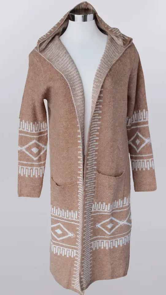 Keren Hart Diane Long Print Cardigan – Hooded Knit Layering Sweater  CAMEL / XL  KEREN HART