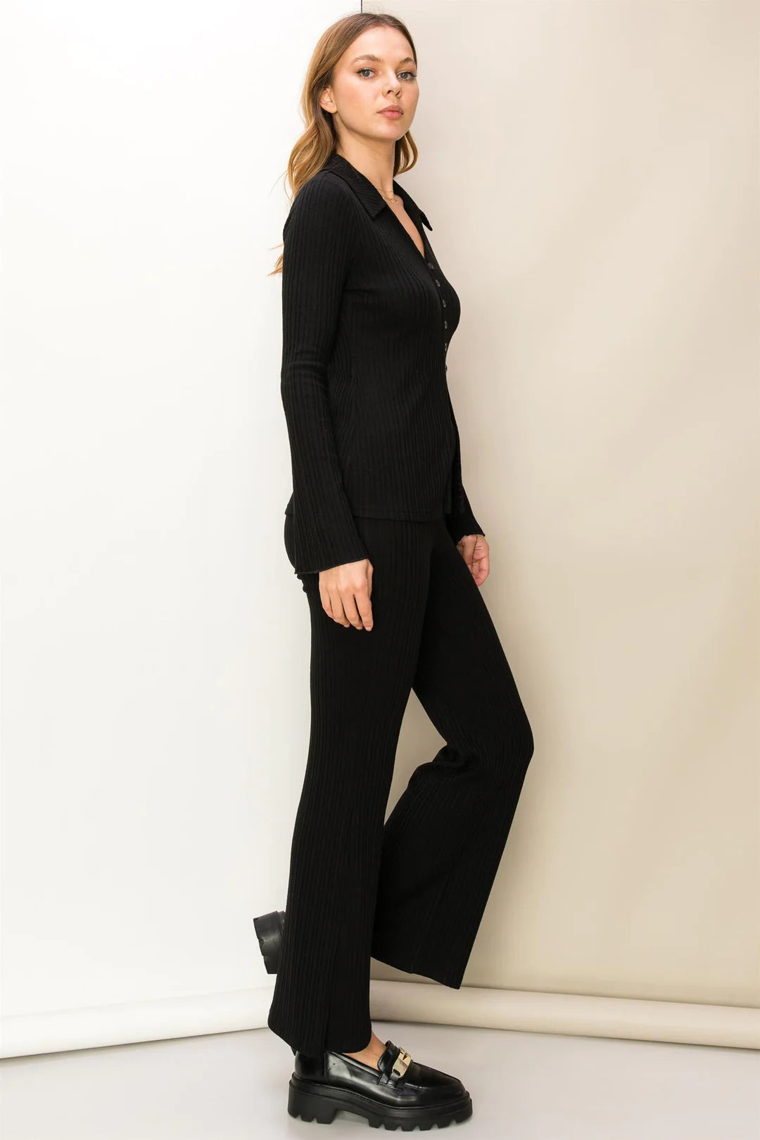 Moving On Rib Knit Top and Flare Pants Set