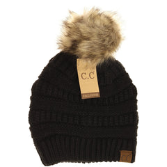 Women’s CC Beanie w/ Fur Pom – Cozy Knit with a Chic Touch